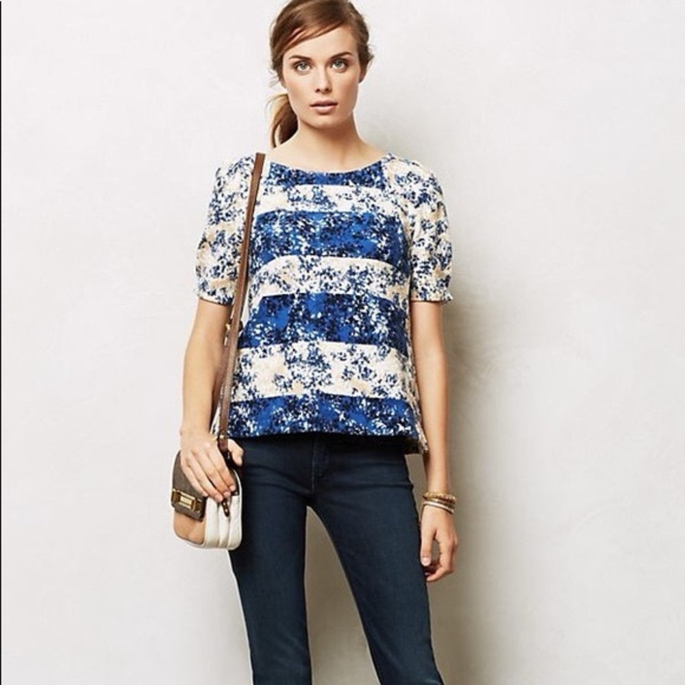 Nwot Anthropologie postmark‎ blue floral stripe top abstract